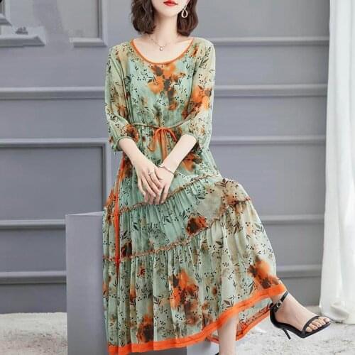 2021 New Summer Women Fashion Long Dresses Lady Imatation Silk Dress Elegant Loose Plus Size Floral Print Ruffles Vestidos B114