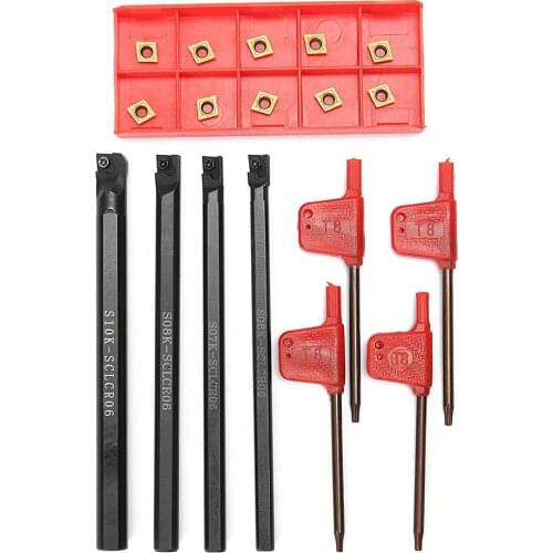 4Pcs 6/7/8/10mm Shank SCLCR06 Lathe Turning Tool Holder Boring Bar Lathe Tools Turning Rod With 10Pcs CCMT060204-HM Insert