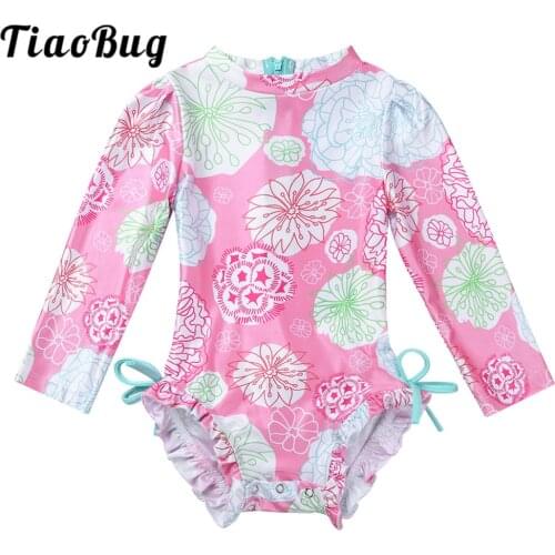 TiaoBug Baby Girls One-piece Long Sleeve Floral Back Zipper with Ruffles Swimsuit Swimwear Kid Bathing Suit Rash Guard Beachwear