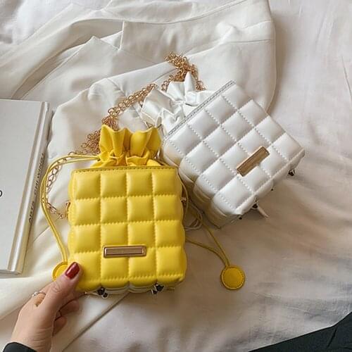 Box Shape Drawstring Chain PU Leather Crossbody Bags For Women Summer Shoulder Handbags Female Casual Travel Solid Color Bag