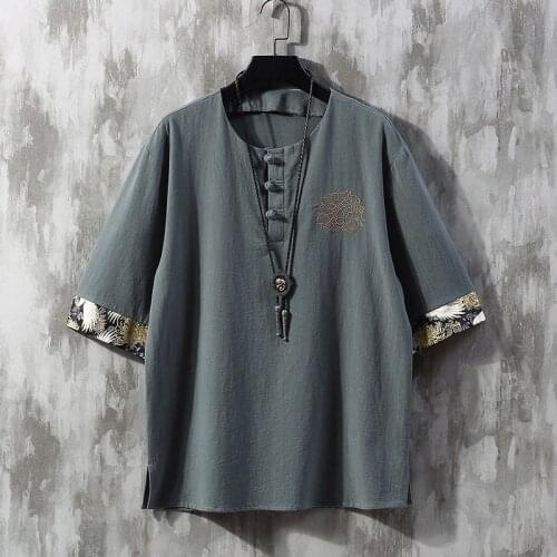 Summer Men Cotton Linen Blouse Short Sleeve T Shirt Chinese Traditional Clothes Male Hanfu Tang Suit Streetwear Tees Tops KK3390