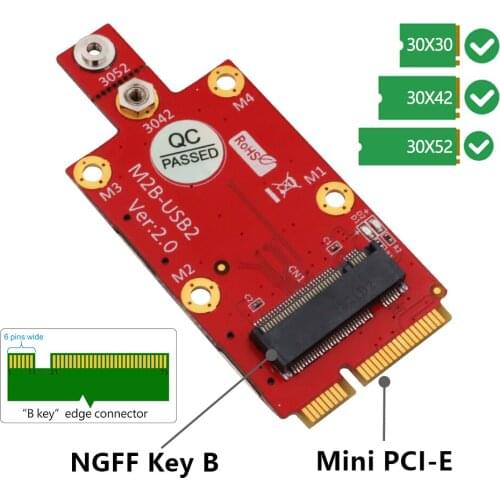 M.2 Key B to Mini PCI-E Adapter with Dual NANO SIM card Slot for 3G/4G/5G Module