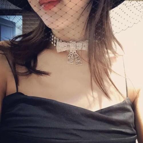 Fashionable full diamond super flash bow temperament clavicle chain