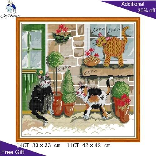 Joy Sunday Meow DA486 14CT 11CT Counted and Stamped Home Decoration Cats Animal Needlework Embroidery DIY Cross Stitch Kits