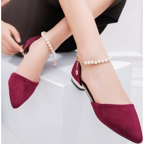 Spring Autumn New Flat Sandals with A Buckle Low Heel Sweet Elegant Womens Shoes Pointed Flat Sandals Pearl String Bead Flats
