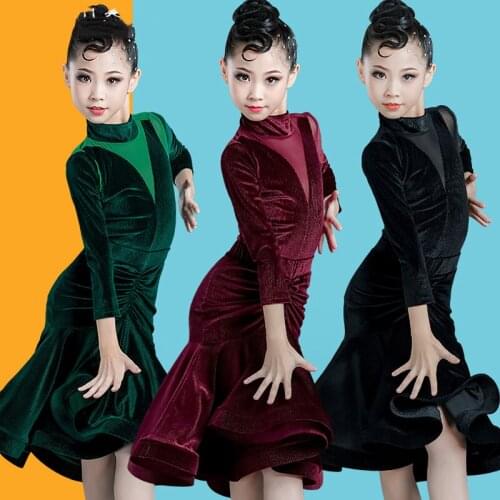 Latin Dance Practice Clothes For Girls Children Long Sleeve Rumba Dance Dress Professional Tango Samba Salsa Dancewear VO239