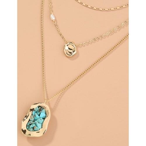 FYSL Light Yellow Gold Color Layer Geometric Shape Green Turquoises Stone Pendant Link Chain Necklace for Women Jewelry