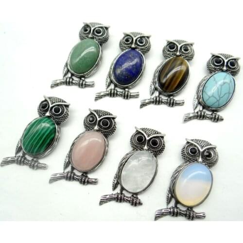Wholesale natural stone agates lazuli tiger eye aventurine bead animal Owl Archaize silver Pendant Jewelry making necklace 10PC