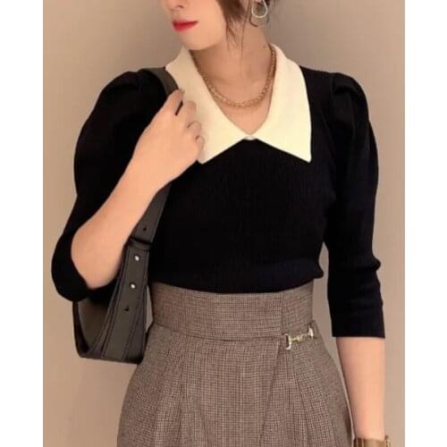 Japanese Turn-Down Collar Slim Pullovers Female Sweet Half Puff Sleeve Solid Knitted Sweaters Office Lady Elegant Pull Femme