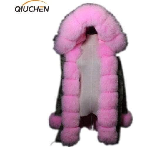 QIUCHENReal Rex Rabbit Fur American Military Parka with fox fur Hood Long Women Cmouflage Army Coat with Fur Liner Wadded Jacket