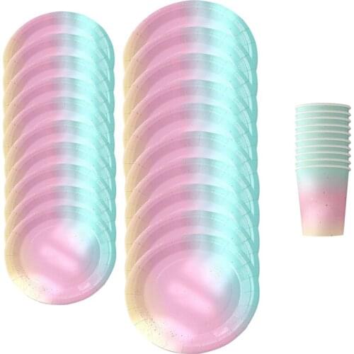 Rainbow Color Party Disposable Tableware Birthday Paper Plate Dessert Table Cake Plate Cup Wedding Party Supplies