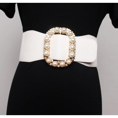 PU Leather High Elastic Wide Belt for Women Stretch Waist Belt for Dress Autumn Stretch Women Belts White Red Pearl Buckle Belt