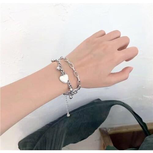 Retro Heart Double Bracelet for Women Punk Cute Beads Thick Chain Bracelet Hip Hop Fashion Cool Girl Gift Jewelry Kpop New 2021