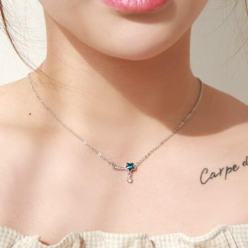 Luxury Blue Star Crystal Bling 925 Sterling Silver Necklace For Women Girls Korean Fashion Clavicle Chain Jewelry Gifts SN2469