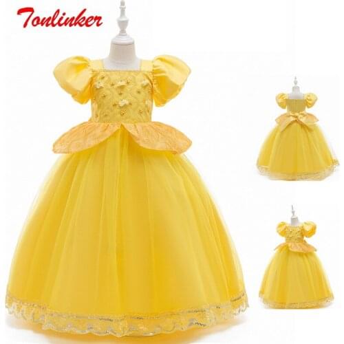 Christmas Fancy Cosplay Girls Princess Dress Lace Embroidery Yellow Costume For Halloween Kids Birthday Party Carnival Dresses