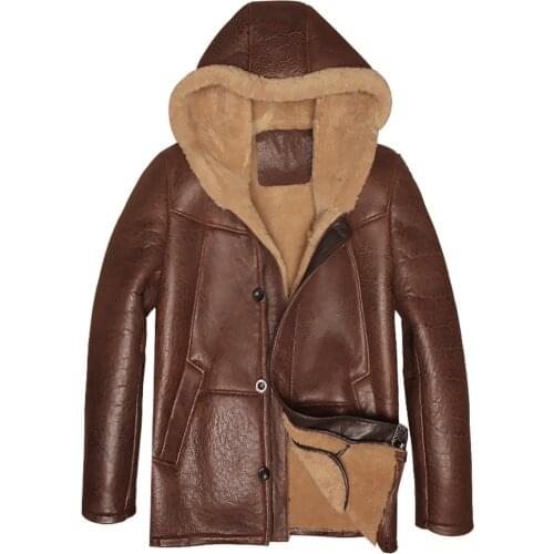 100% Real Sheepskin Fur Coat Genuine Leather Male Formal Winter Hood Jacket Black Zipper Warm Men Fur Outwear Big Size 5XL