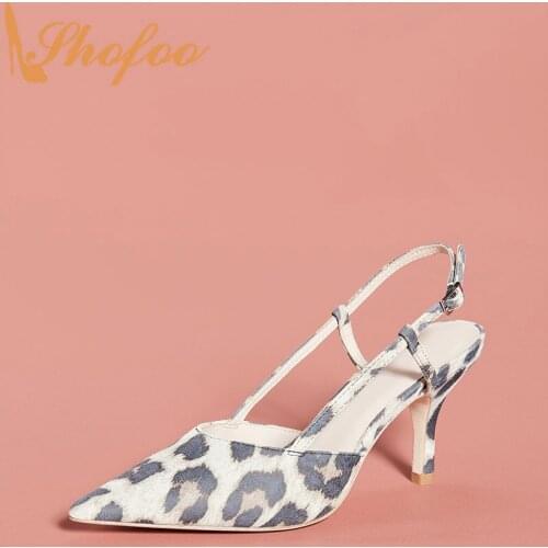 Leopard Slingback Flock Pumps High Kitten Heels Buckle Strap Women Pointed Toe Big Size 14 16 Ladies Woman Office Shoes Shofoo