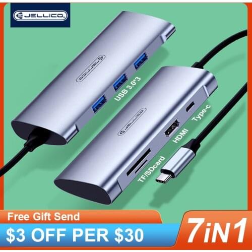 Jellico 7-in-1 USB C HUB Type C to HDMI-compatible 4K USB 3.0 VGA PD 3.5mm TF/SD Full Function HUB for MacBook Pro Air iPad Pro