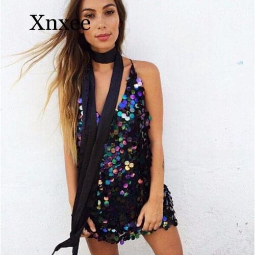 Party dress Ladies Backless Sequin Slip Dress Womens Evening Club Party Mini Dresses Sequin Plunge Halter Cross Back Deep-V