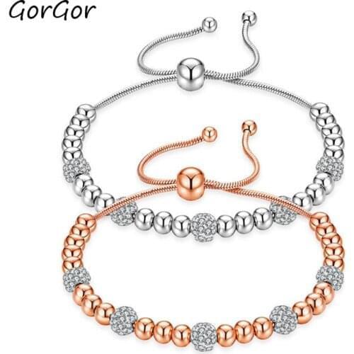 GorGor Japanese And Korean Fashion Personality Rhinestone Ball Titanium Steel Rose Plated Gold Exquisite Bracelet 910