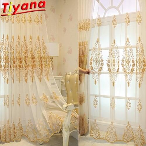 Beige Luxury Embroidery Tulle Curtains for Living Room Rose Embroidery Yarn Drapes for Bedroom Balcony #VT