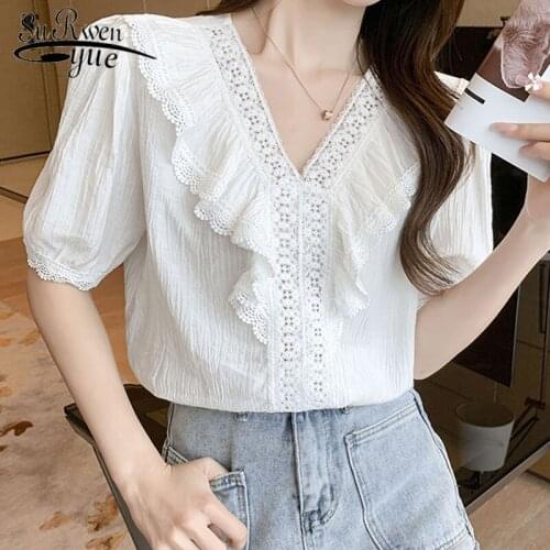 2021 Summer Short Sleeve Women Tops Korean New V Neck Ruffle Lace Stitching Loose Shirt Elegant Pleated Blouse All-match 13809