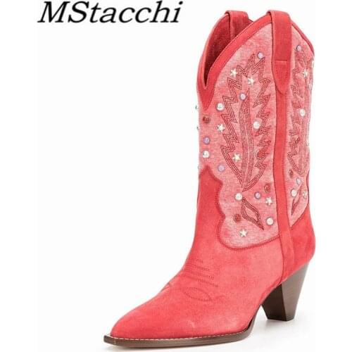 MStacchi Suede Women Boots Cowboy Catwalk Strange Heel Solid Color Female Boots Slip-on Sewing thread Rivet Mid Botas Mujer 2021