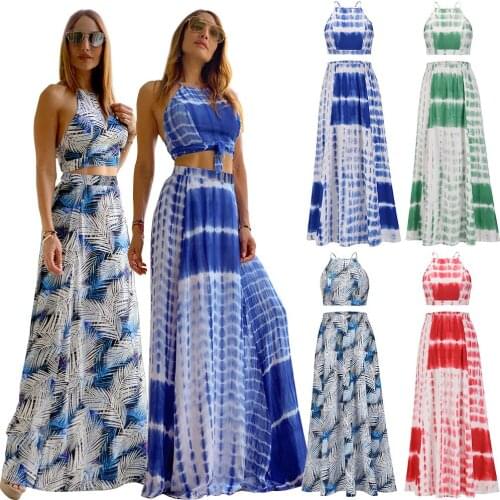 Women Print Boho Maxi Dress Sexy Bohemian Summer Long sling tops &skirt Two-piece suit Dress Beach Dresses party dresses