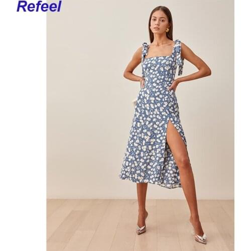 Retro Adjustable Spaghetti Straps Split Dresses Sexy Blue Floral Print Chiffon Vestidos Vintage Midi Women Dress
