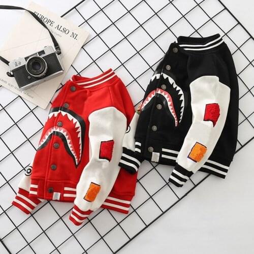 2020 Kids Boy Girls Cartoon Red Black Shark Hoodie Tops Sweatershirt Tiger Sleeve Baseball Jacket
