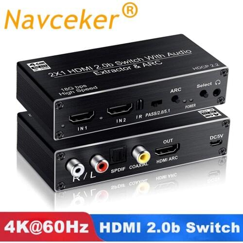 2020 Best 4K 60Hz HDMI Switch 2x1 HDMI 2.0 Switch 2 Port HDMI Switch Remote with Toslink Optical & RCA 4K HDMI Switch Switcher
