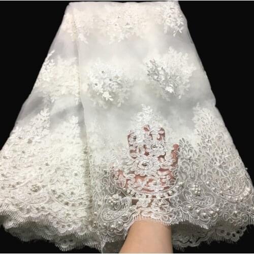 African Lace Fabric 2021 High Quality Lace Beads Embroidery French Tulle Cord Nigerian Lace Fabrics 5 Yards for Wedding Dress