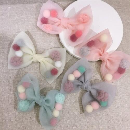 5Pcs 8*14CM Mesh Pompom Ball Bowknot Applique For DIY Clothes Shoes Hat Headwear Clips Crafts Decor Patches