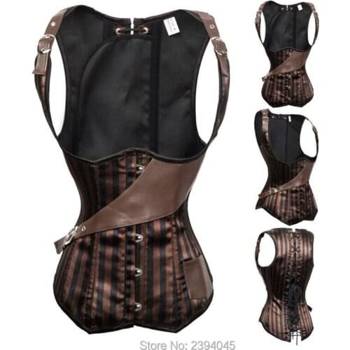 Free shipping Brown S-2XL ladies sexy underbust cincher brown stripe steam punk corset