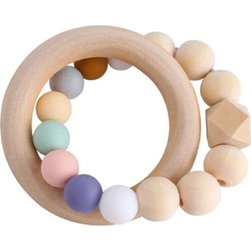 Baby Nursing Bracelet Rainbow Silicone Teether Wood Teething Rattles Nursing Toy Q1FE
