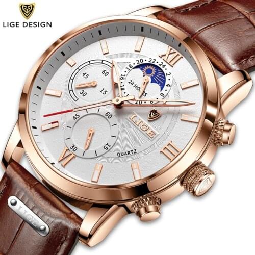 LIGE Men Watches 2021 New Fashion Leather Waterproof Luminous Top Brand Luxury Mens Quartz Wristwatch Men Relogio Masculino+box