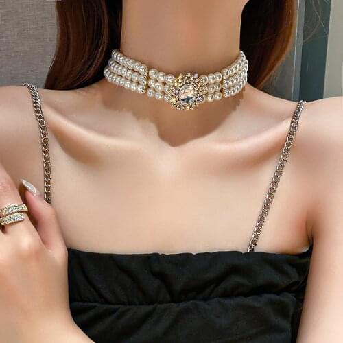 European and American exaggerated retro jewelry inlaid rhinestone crystal multi-row pearl short choker necklace for female