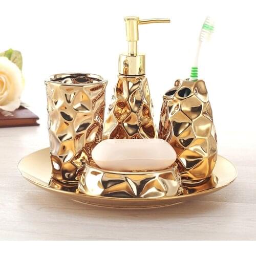 Ceramic bathroom set four-piece Gold tooth brush holder Soap Dispenser soap box bathroom decoration accessories Wedding gifts WF