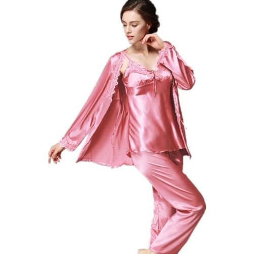 Lace Silk Pajama Pants Set Ladies Womens Long Sleeve nightshirts trouser suit three - piece Homewear Clothes For Women