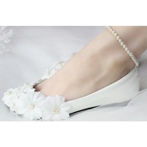 Lace flowers wedding shoes women white ankle beading straps lady female wedding shoes bridesmaid party shoes plus size