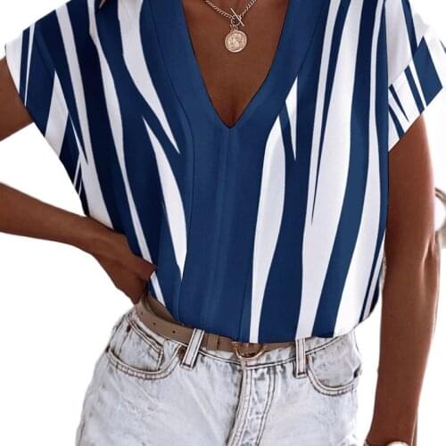2021 Hot Products Factory Price Summer Simple V-neck Short Sleeve Printed Ladies Shirt Sexy Shirt Ladies