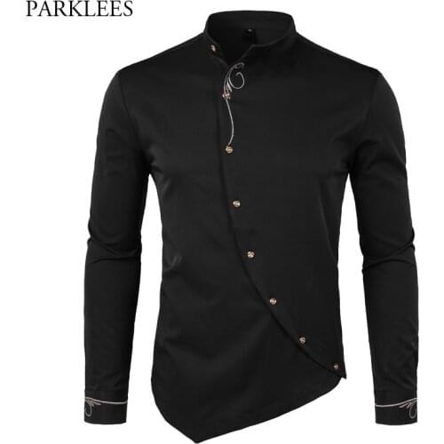 Mens Hipster Oblique Button Down Embroidery Dress Shirt 2018 New Slim Fit Long Sleeve Shirt Men Casual Business Wedding Camisas