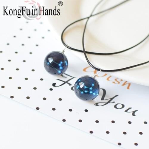 Twelve Constellation Necklace Glass Ball Round Luminous Pendant Ornament Clavicle Chain Leather Chain Men women Vintage Gifts