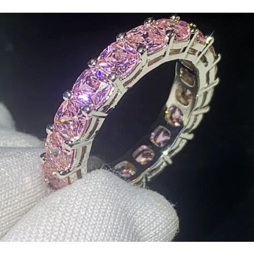 Size 5-10 High Quality Luxury Jewelry 925 Sterling Silver Cushion Shape Pink 5A Cubic Zircon Promise Party Women Wedding Ring
