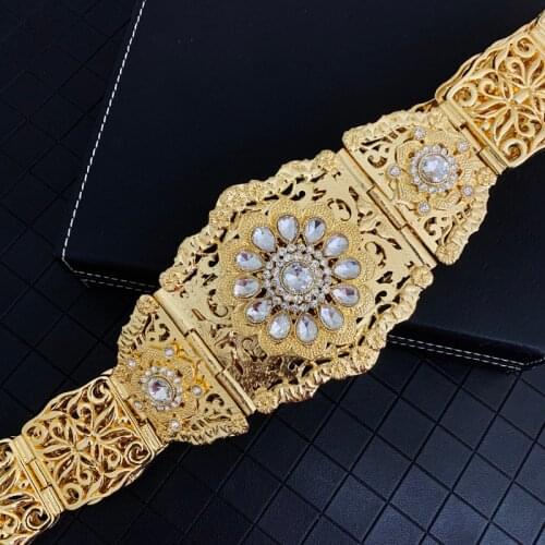 Crystal Flower Metal Caftan Belts Moroccan Trendy Gold Plating Arabic Muslim Wedding Jewelry Chain Belts Golden Wedding Belts