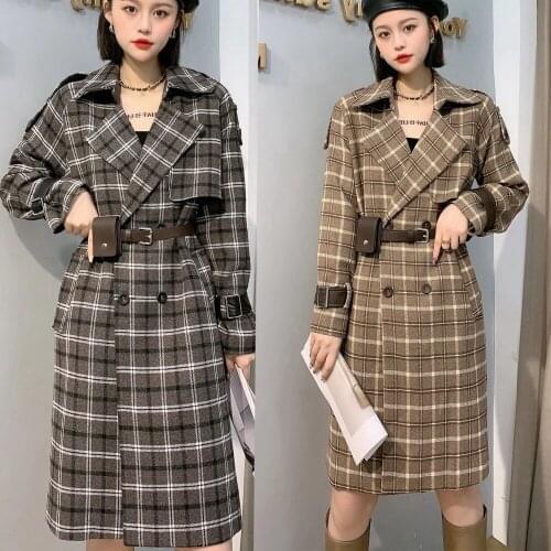 Woolen coat long plaid jacket 2020 autumn winter retro waist bag trench coat double-breasted British style belt