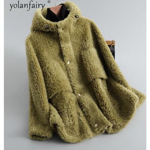 Womens Fur Coat Hooded Autumn Winter Jacket Women 2020 Sheep Shearing 100% Wool Real Fur Jacket Korean Fashion Clothes A2015 KJ