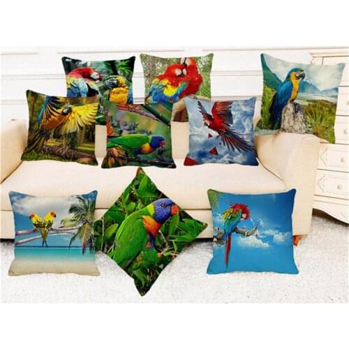 XUNYU 45x45cm Cushion Cover Cute Parrot Throw Pillow Case Linen Cushion Case Sofa Bed Decorative Pillowcase C0028