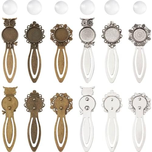 Pandahall 12pcs/set Iron/Alloy Bookmark Cabochon Settings and Clear Glass Cabochons for Jewelry Making Tray 18 20mm