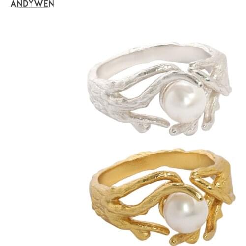 ANDYWEN 100% 925 Sterling Silver Gold Pearl Irregular Geometric Resizable Rings Women Rock Punk Luxury Truck Women Jewelry Gift